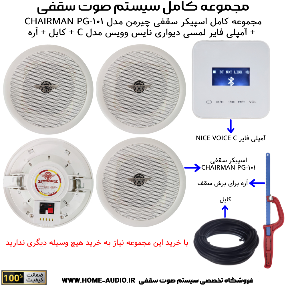 مجموعه کامل اسپیکر سقفی چیرمن مدل CHAIRMAN PG-101 + آمپلی فایر لمسی دیواری نایس وویس مدل C